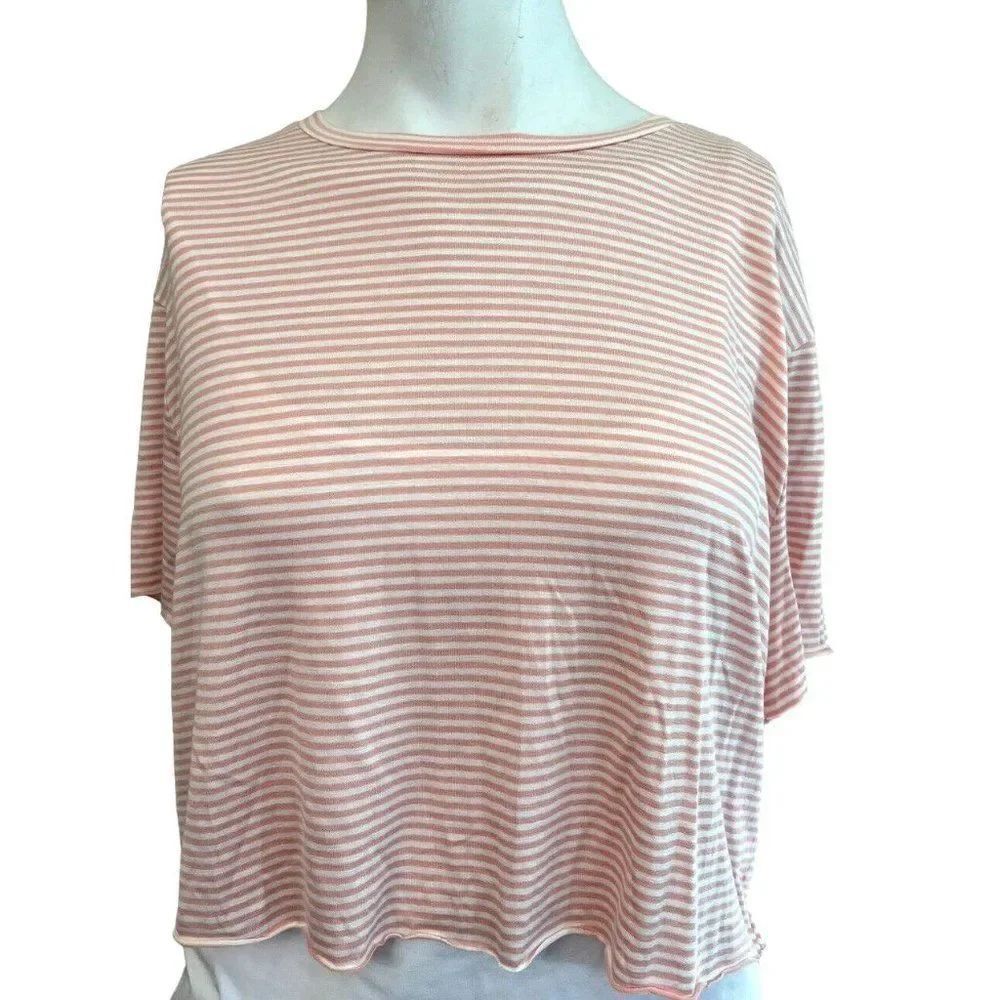 Antistar Ladies Large Peach White Striped Soft Crop Top Short Sleeve T Shirt NWT
